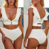 Metal Buckle White Ruffled 2 Piece Set Swimsuit NSCMB98396