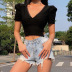 V-Necks Hort-Sleeved Lace Stitching T-Shirt NSGYB98501
