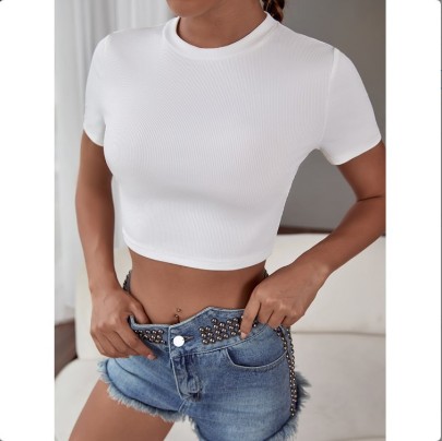 Solid Color Round Neck Short-sleeves Cropped Slim Top Nihaostyles Clothing Wholesale NSGXY98547
