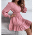 Pink Long-Sleeved Lotus Leaf Hem Dress NSGXY98564