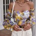 Print Long-Sleeved Wrapped Chest Short Top NSGXY98603