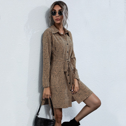 Long-Sleeved Leopard Print Lace-up Shirt Dress Nihaostyles Wholesale Clothing NSDMB88606