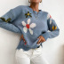 Round Neck Knitted Blue Flower Jacquard Sweater NSDMB88627