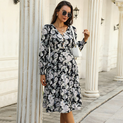 Long-sleeved V-neck Floral Dress Nihaostyles Wholesale Clothing NSDMB88630