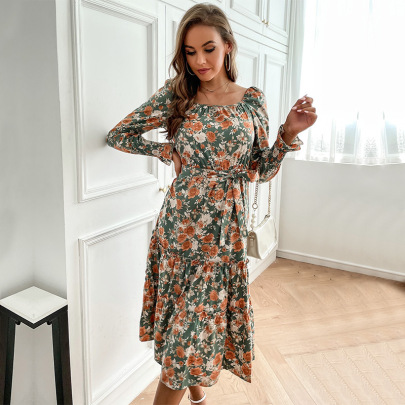 Square Neck Lace-up Pleated Long-sleeved Floral Dress Nihaostyles Wholesale Clothing NSDMB88631