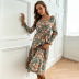 square neck lace-up pleated long-sleeved floral dress nihaostyles wholesale clothing NSDMB88631