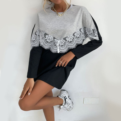 Long-sleeved Round Neck Lace Stitching Sweatershirt Dress Nihaostyles Wholesale Clothing NSDMB88636