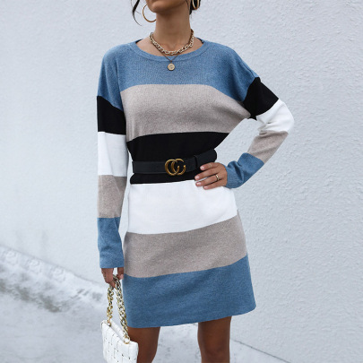 Round Neck Contrast Color Striped Sweater Dress Nihaostyles Wholesale Clothing NSDMB88643