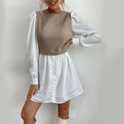 Round Neck Contrast Color Stitching Shirt Dress Nihaostyles Wholesale Clothing NSDMB88644