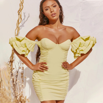 Sexy Package Hip Lotus Leaf Sleeve Tube Top Pleated Tight Dress Nihaostyles Wholesale Clothing NSDMS88887