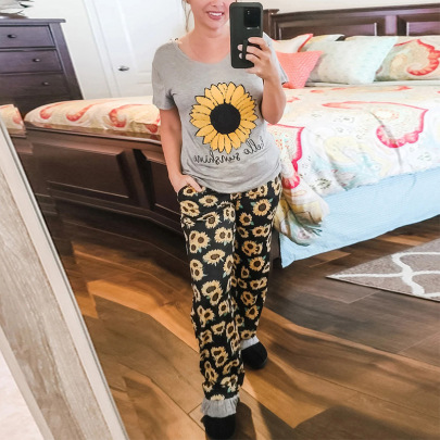 Sunflower Bee Printing Short-sleeved Top Trousers Pajamas Nihaostyles Clothing Wholesale NSMDS89076