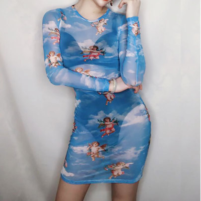 Sexy Long-sleeved Print Mesh Perspective Dress Nihaostyles Wholesale Clothing NSLIH89084