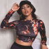 sexy long-sleeved flame print backless lace-up T-shirt nihaostyles wholesale clothing NSLIH89095