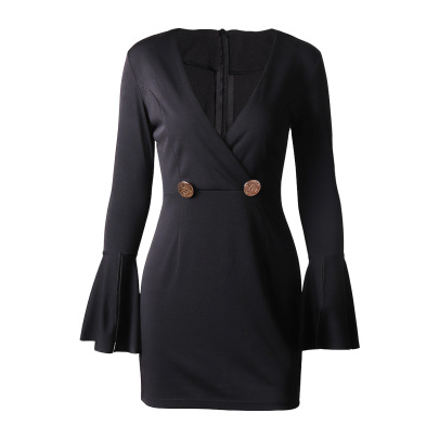 Long-sleeved V-neck Black Dress Nihaostyles Wholesale Clothing NSLIH89096