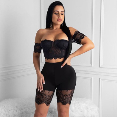 Sexy Perspective Lace Wrapped Chest Off-shoulder Top And Shorts Two-Piece Set Nihaostyles Wholesale Clothing NSDMS88890