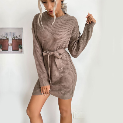 Lace-up Waffle Sweater Dress Nihaostyles Wholesale Clothes NSYYF89322