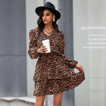 Printed V-neck Ruffled Layered Leopard Dress Nihaostyles Wholesale Clothes NSYYF89342