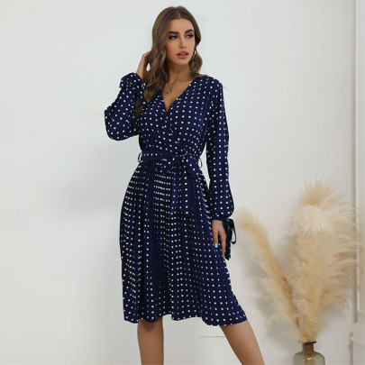 V-neck Long-sleeved Hollow Lace-up Polka-dot Dress Nihaostyles Wholesale Clothing NSDMB89401