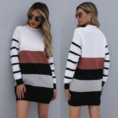 Half High Collar Striped Color Matching Knitted Sweater Dress Nihaostyles Wholesale Clothing NSDMB89408