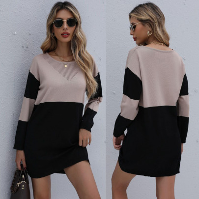 Autumn And Winter Round Neck Contrast Mid-length Sweater Dress Nihaostyles Wholesale Clothing NSDMB89411