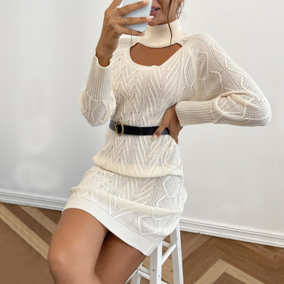 Autumn Long-sleeved Turtleneck Hollow Twist Knitted Sweater Dress Nihaostyles Wholesale Clothing NSDMB89410