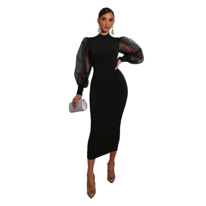 Net Yarn Split Long Sleeve Dress Nihaostyles Wholesale Clothes NSXHX89904