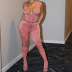 Watermelon Pink Sleeveless Deep V Raised Print Jumpsuit NSKAJ90022