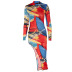 Color Matching Print High Collar Long-Sleeved Slim Oblique Hem Dress NSHTL99067