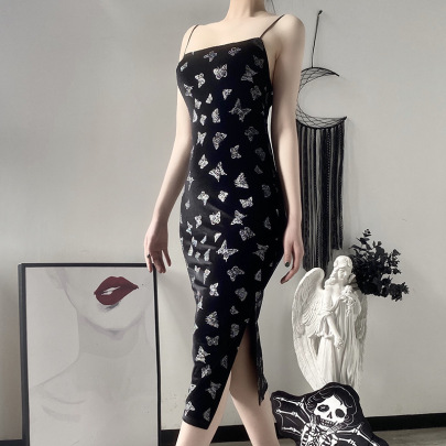 Sexy Dark Style Butterfly Print Slit Cheongsam Sling Dress Nihaostyles Wholesale Clothing NSGYB99088