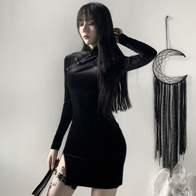 Retro Dark Style Long-sleeved Slit Cheongsam Dress Nihaostyles Wholesale Clothing NSGYB99089