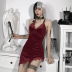 Dark Style Sexy Deep Vvelvet Lace Stitching Oblique Hem Sling Dress NSGYB99092