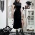Retro Dark Style Hollow Receiving Waist Short-Sleeved Slit Cheongsam Dress NSGYB99119
