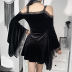 Dark Style Lace Stitching Flared Long-Sleeved Off-Shoulder Suspenders Dress NSGYB99124