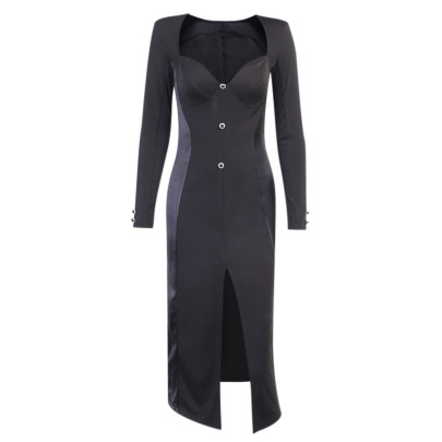 Stitching Long-sleeved Square-neck V-neck Slit Dress Nihaostyles Clothing Wholesale NSAFS102495