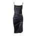 Solid Color Slit Satin Slip Dress NSAFS102527