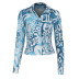 Blue Letter Print Long-Sleeved Lapel Cotton Sexy Slim Blouse NSAFS102536