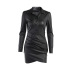 Solid Color Pleated Pu Leather Dress NSAFS102555