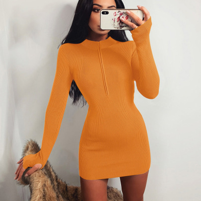 Ribbed Pullover Zipper Collar Long-sleeved Sheath Dress Nihaostyles Clothing Wholesale NSAFS102743