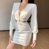 Solid Color Skirt Long-Sleeved V-Neck Puff Sleeve Top Set NSAFS102769