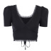 Deep V-Neck Short Puff Sleeve Lace Stitching Shirt NSAFS102772