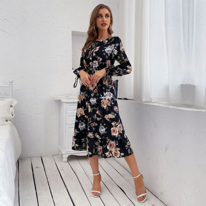 Long-sleeved Lace-up Floral Dress Nihaostyles Wholesale Clothing NSDMB102890