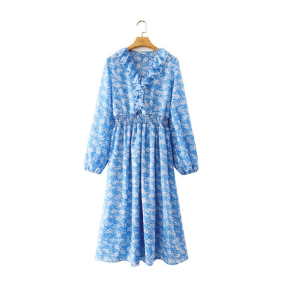 Blue Ruffled V-neck Floral Dress Nihaostyles Wholesale Clothing NSXFL102932