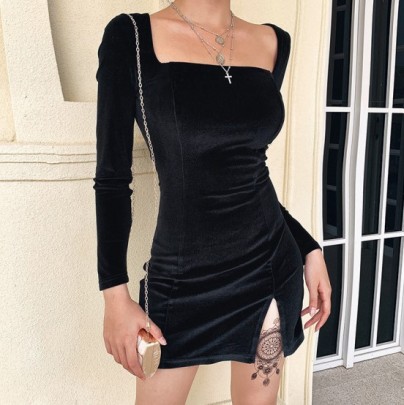 Pure Color Round Neck Slit Dress Nihaostyles Clothing Wholesale NSAFS102488