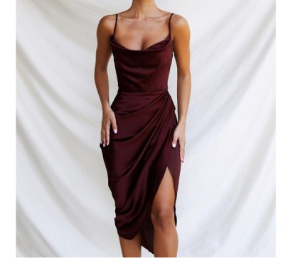 Solid Color Slit Satin Slip Dress Nihaostyles Clothing Wholesale NSAFS102527