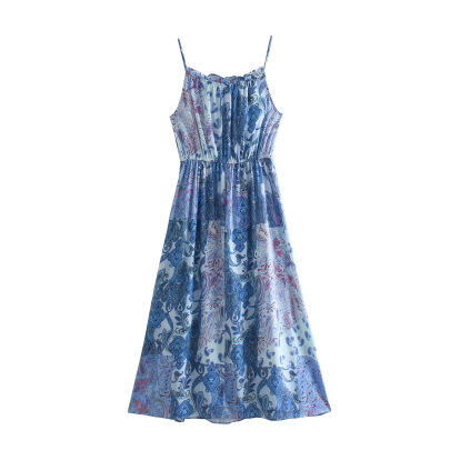 Blue Print Sling Dress Nihaostyles Wholesale Clothing NSXFL103275