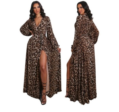 Sexy Leopard V-neck Lace-up Slit Dress Nihaostyles Wholesale Clothing NSXPF102958