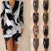 Long-Sleeved V-Neck Multi-Print Tight Slit Prom Dress NSXPF103340