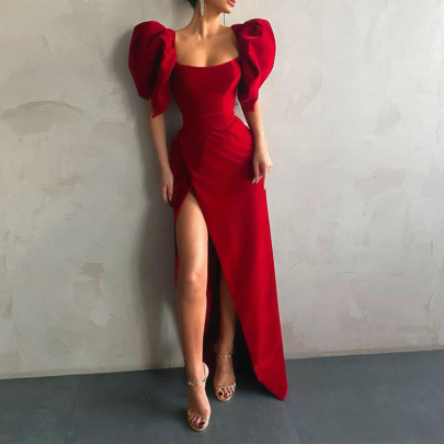 One-word Neck Slim Solid Color Slit Prom Dress Nihaostyles Clothing Wholesale NSYLY103391