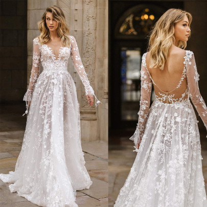 V-neck Lace Backless Long Sleeve Prom Dress Nihaostyles Clothing Wholesale NSYLY103423
