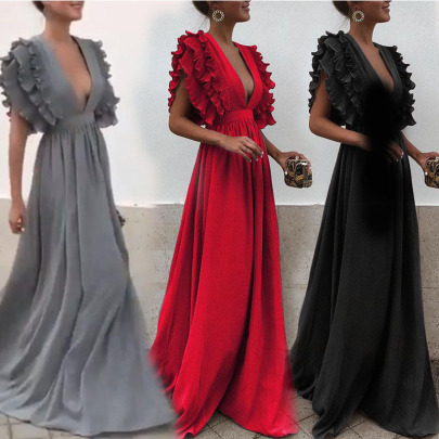 Solid Color V-neck Ruffle Sleeve Prom Dress Nihaostyles Clothing Wholesale NSYLY103445
